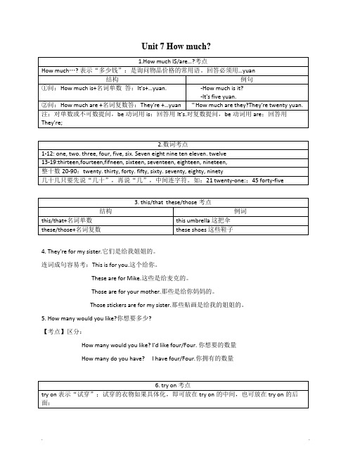 译林版四年级上 Unit7 知识点梳理