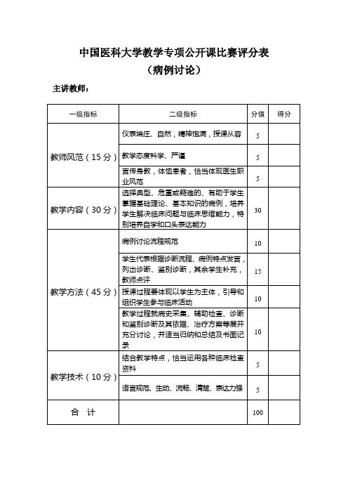 中国医科大学教学专项公开课比赛评分表