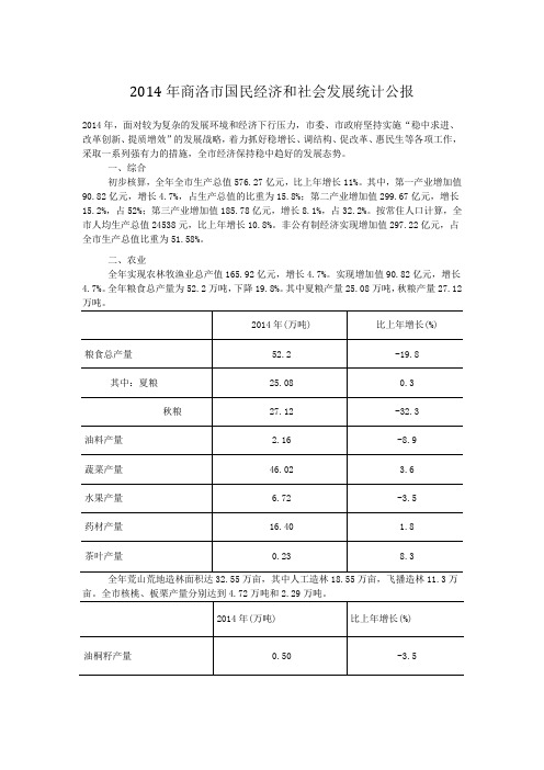 2014年商洛市国民经济和社会发展统计公报