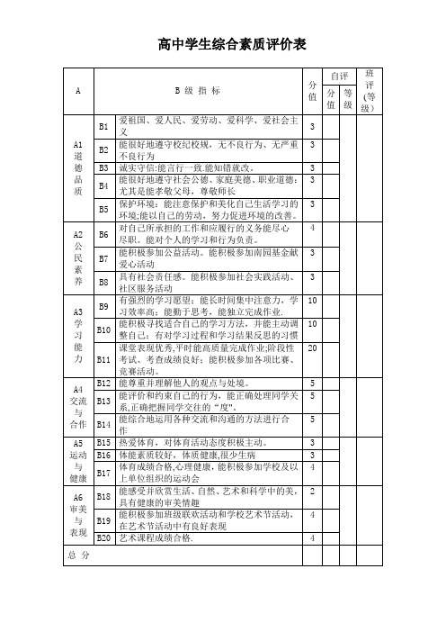 高中学生综合素质评价表