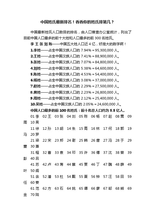 中国姓氏最新排名！看看你的姓氏排第几？