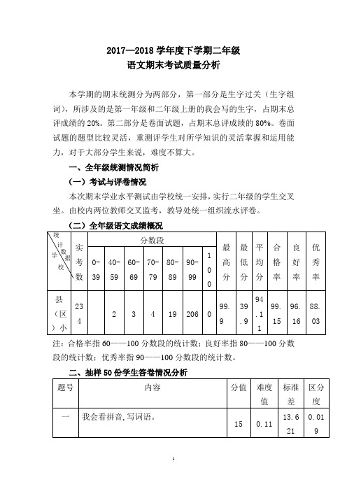 下学期二年级语文期末考试质量分析