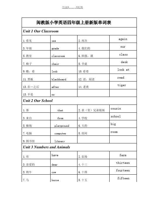 闽教版小学英语四年级上册新版单词表