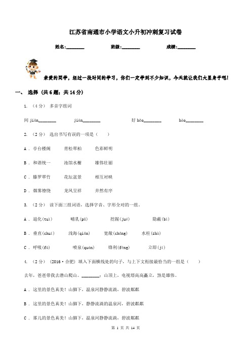 江苏省南通市小学语文小升初冲刺复习试卷