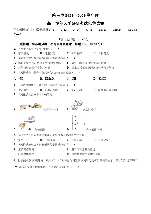 黑龙江省哈尔滨市第三中学校2024-2025学年高一上学期入学调研考试化学试卷(含答案)