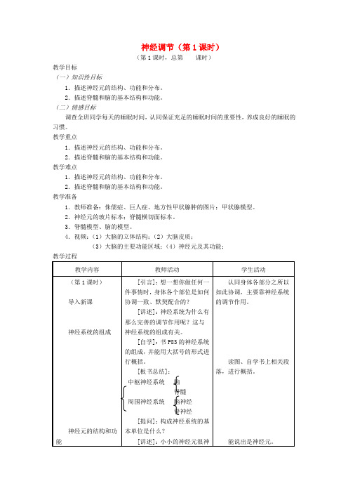 七年级生物下册 12.2人体的神经调节(第1课时)教案 (新版)苏教版