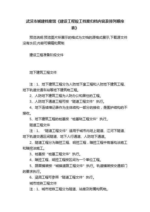 武汉市城建档案馆《建设工程竣工档案归档内容及排列顺序表》