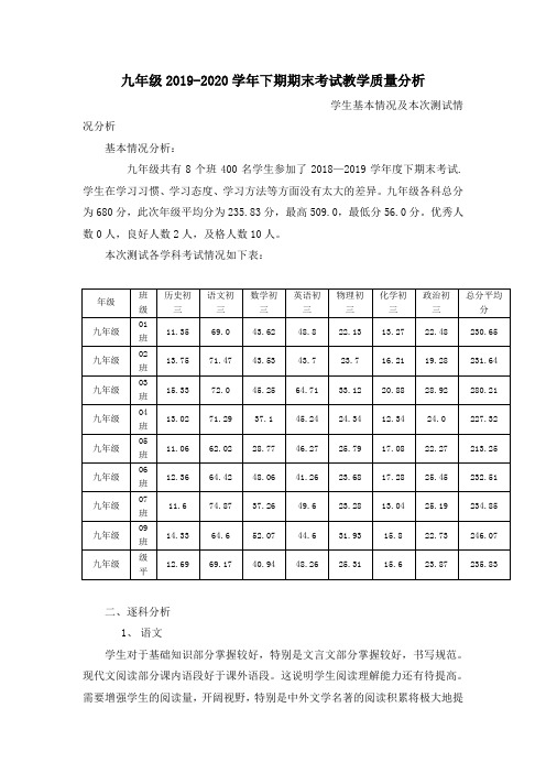 九年级2019-2020上期期末考试年级质量分析