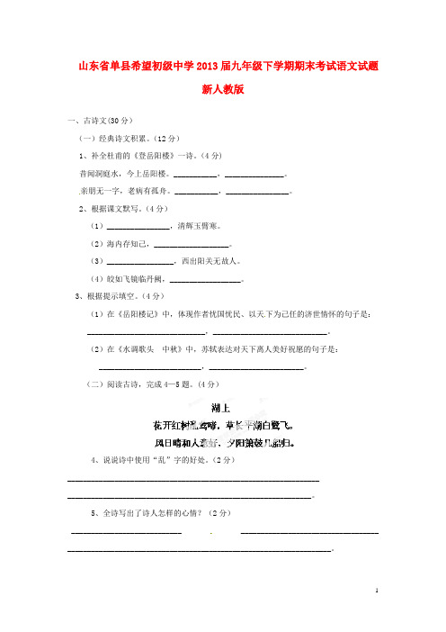 山东省单县希望初级中学九年级语文下学期期末考试试题 新人教版