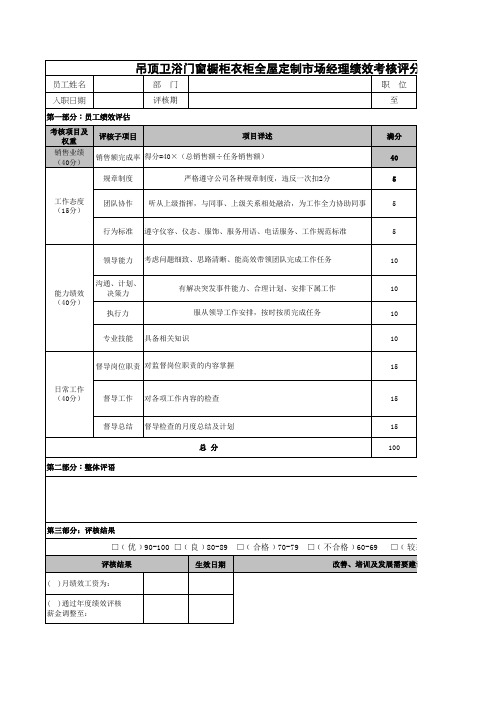 吊顶卫浴门窗橱柜衣柜全屋定制市场经理绩效考核评分表