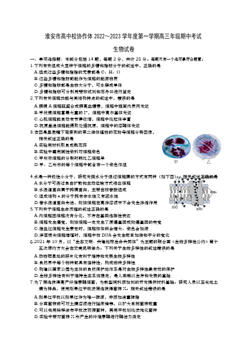 江苏省淮安市高中校协作体2023届高三上学期生物期中试卷+答案