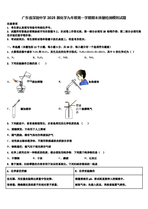 广东省深圳中学2025届化学九年级第一学期期末质量检测模拟试题含解析