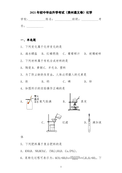 2021年初中毕业升学考试(贵州遵义卷)化学 (1)