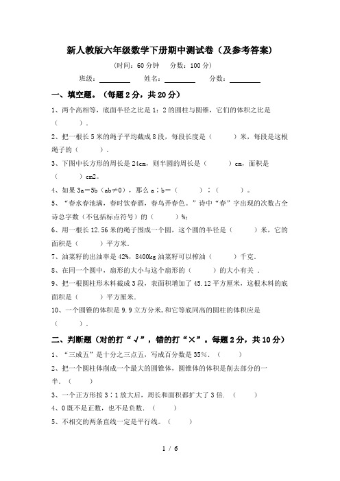 新人教版六年级数学下册期中测试卷(及参考答案)