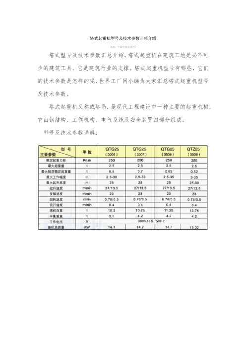 塔式起重机型号及技术参数汇总介绍