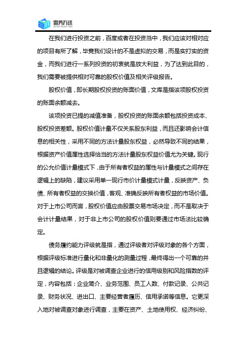 项目投资价值分析及债务履约能力评级结论