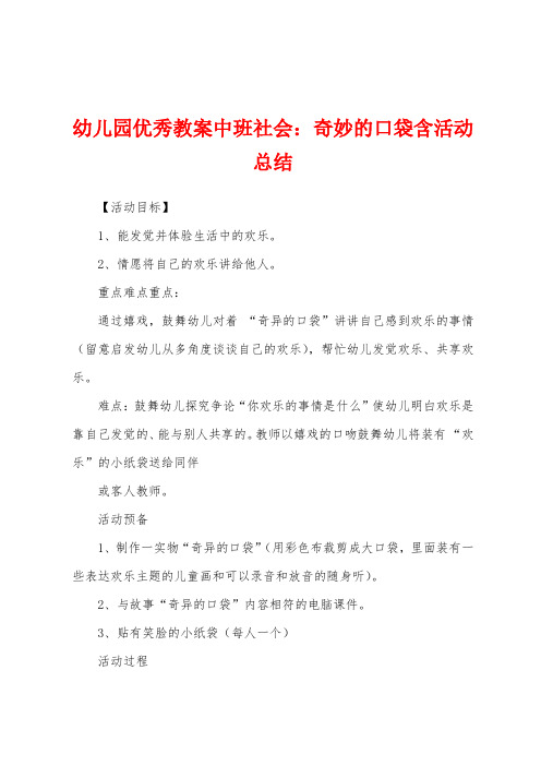 幼儿园优秀教案中班社会：奇妙的口袋含活动总结