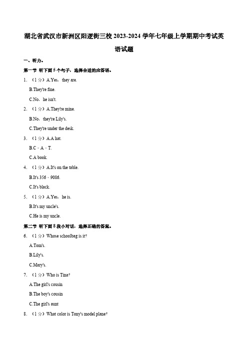 湖北省武汉市新洲区阳逻街道三校2023-2024学年七年级上学期期中考试英语试题(含答案)