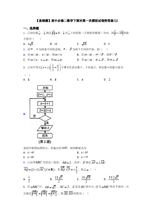 【易错题】高中必修二数学下期末第一次模拟试卷附答案(1)