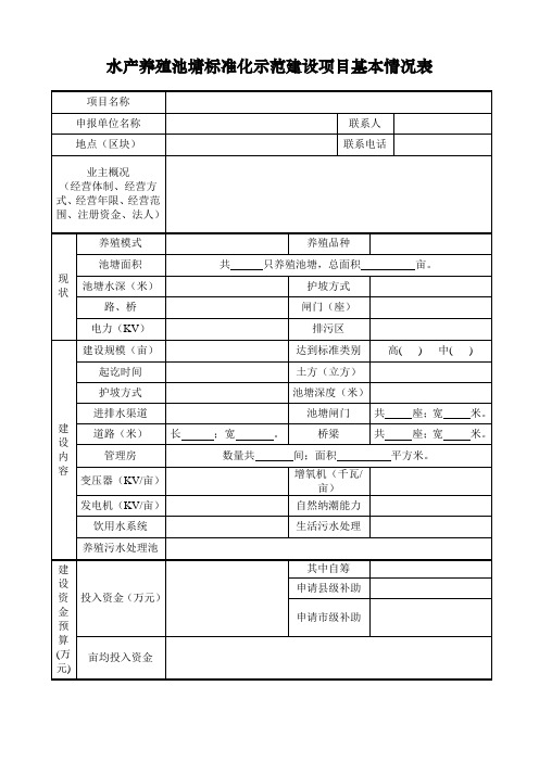 水产养殖池塘标准化示范建设项目基本情况表