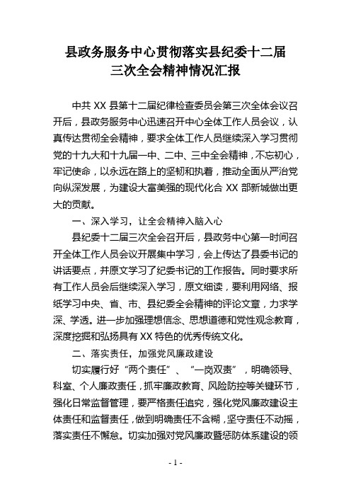 县政务服务中心贯彻落实县纪委十二届三次全会精神情况汇报(20180306)