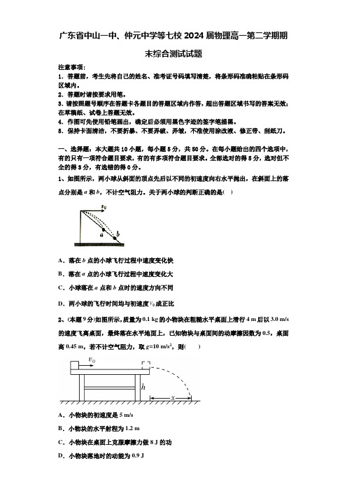 广东省中山一中、仲元中学等七校2024届物理高一第二学期期末综合测试试题含解析