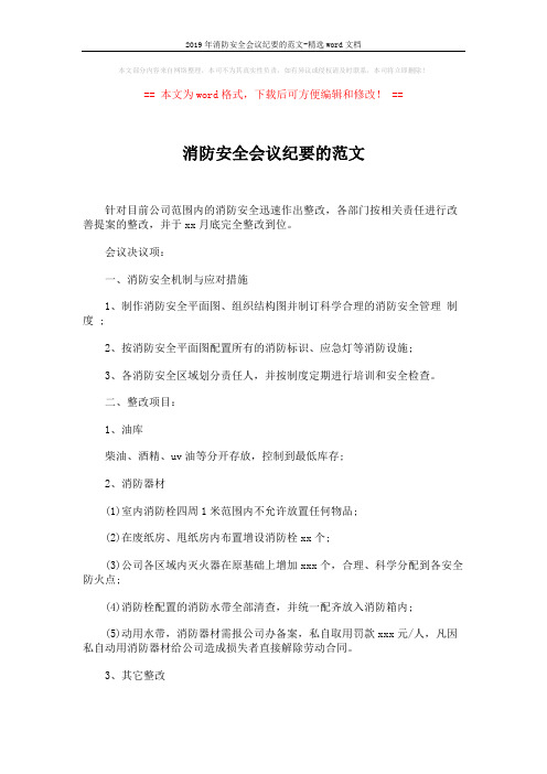 2019年消防安全会议纪要的范文-精选word文档 (2页)