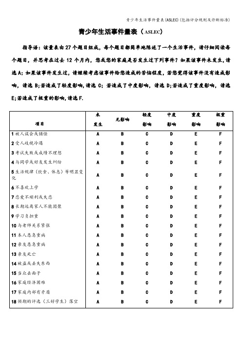 青少年生活事件量表(ASLEC)(包括评分规则及诊断标准)