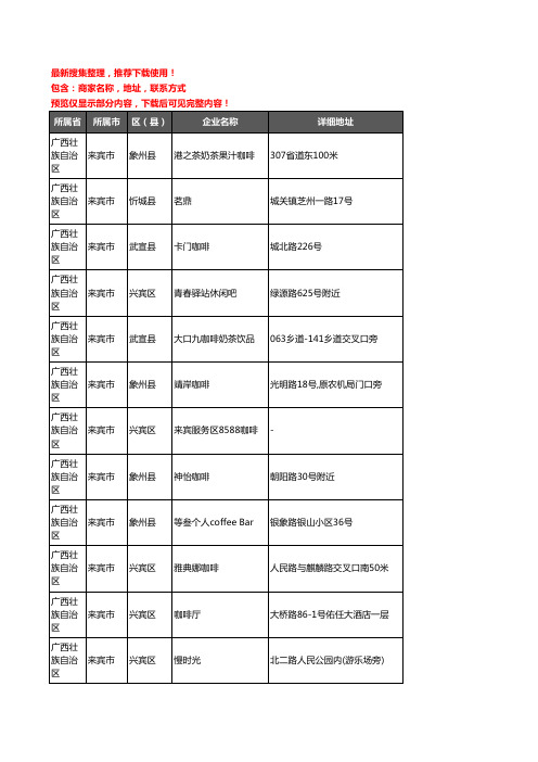 新版广西壮族自治区来宾市咖啡厅企业公司商家户名录单联系方式地址大全35家