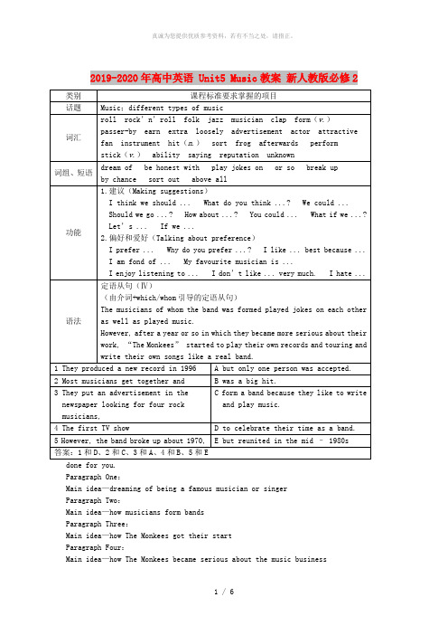 2019-2020年高中英语 Unit5 Music教案 新人教版必修2