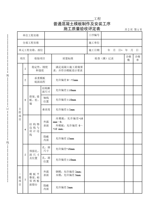 普通混凝土模板制作及安装工序施工质量验收评定表