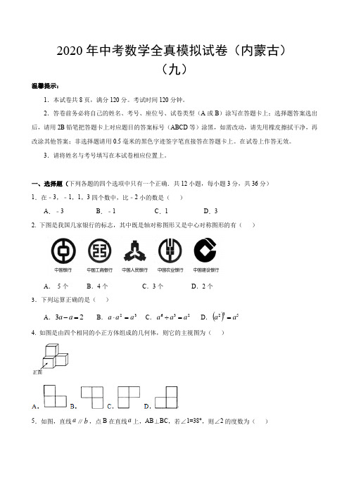 2020年中考数学模拟试卷(内蒙古自治区专用)(九)(原卷版)