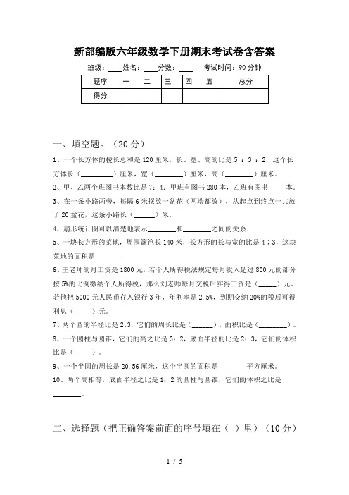 新部编版六年级数学下册期末考试卷含答案