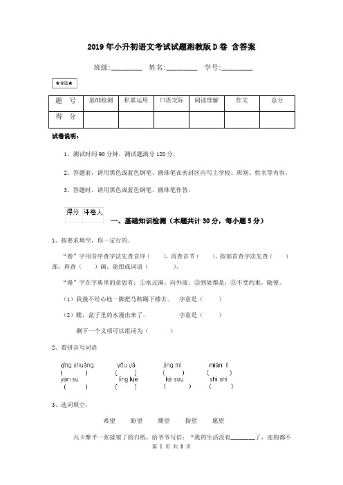 2019年小升初语文考试试题湘教版D卷 含答案