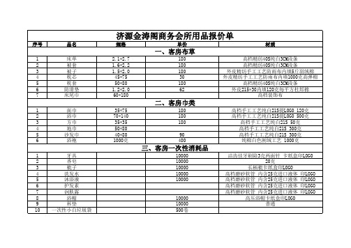 济源金涛阁商务会所用品报价单