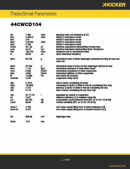 Kicker 44CWCD104 车载扬声器 Thiele Small参数手册说明书