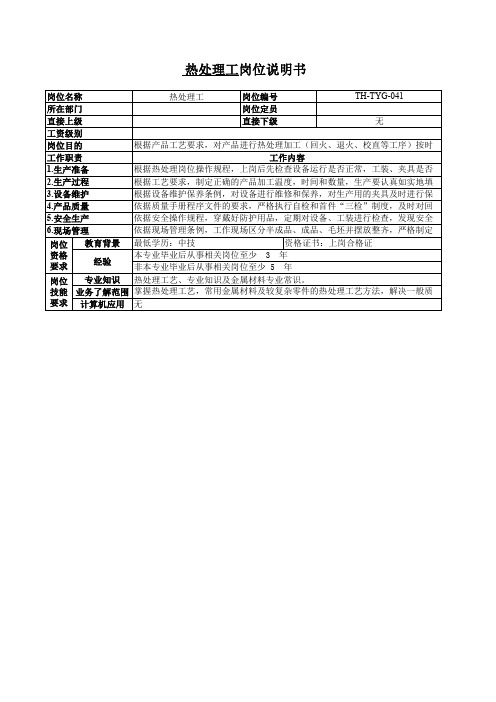 热处理工岗位说明书