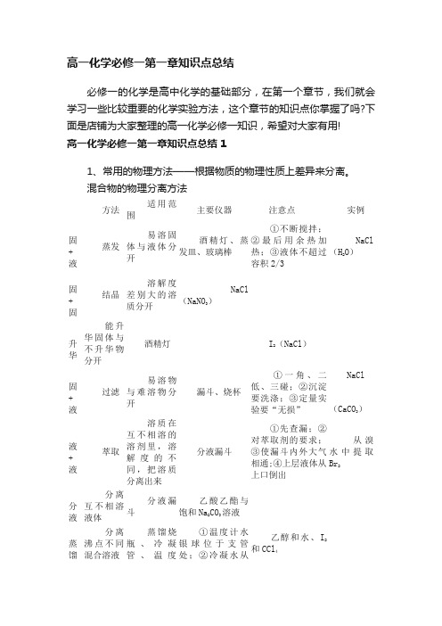 高一化学必修一第一章知识点总结