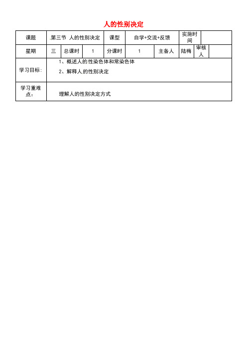 江苏省盐城市八年级生物下册 22.3 人的性别决定学案(无答案)(新版)苏教版