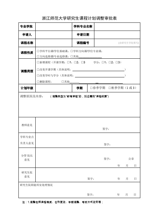 浙江师范大学研究生课程计划调整审批表