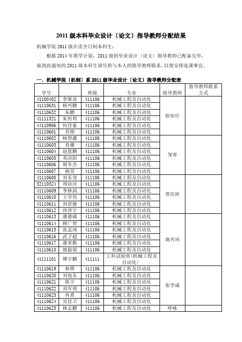 2011级本科毕业设计论文指导教师分配结果