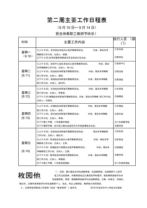 第二周主要工作日程表