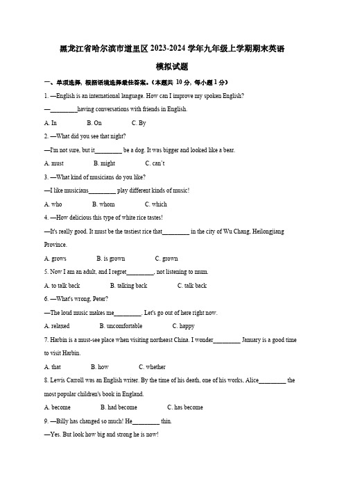 黑龙江省哈尔滨市道里区2023-2024学年九年级上学期期末英语模拟试题(含答案)