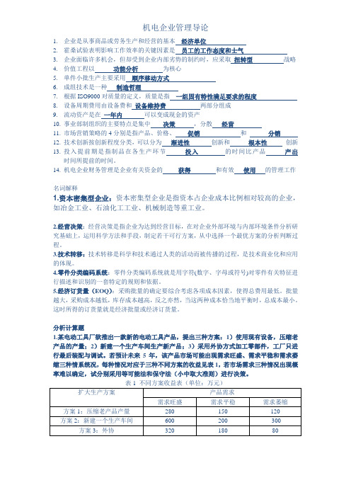 机电企业管理导论考试试题