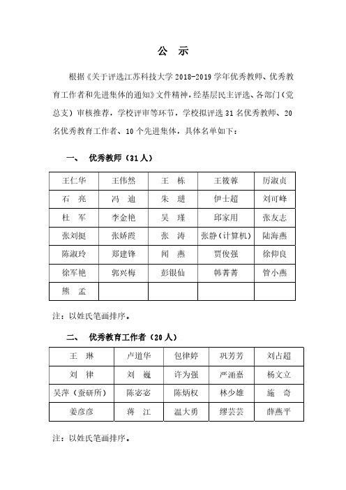 根据《关于评选江苏科技大学2018-2019学年优秀教师、优