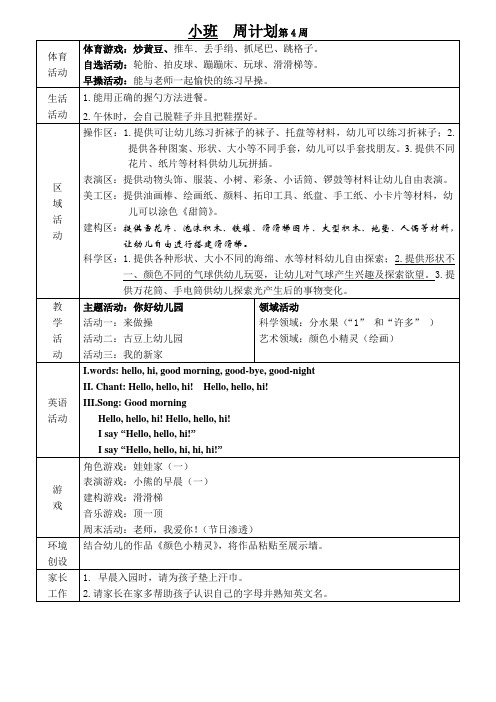 幼儿园小班周计划第4周