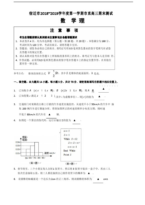 2019届江苏省宿迁市高三上学期期末考试数学(理)试题