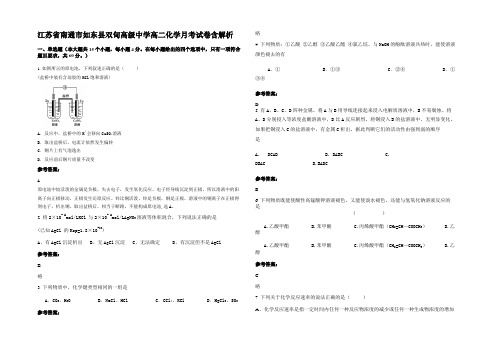 江苏省南通市如东县双甸高级中学高二化学月考试卷含解析