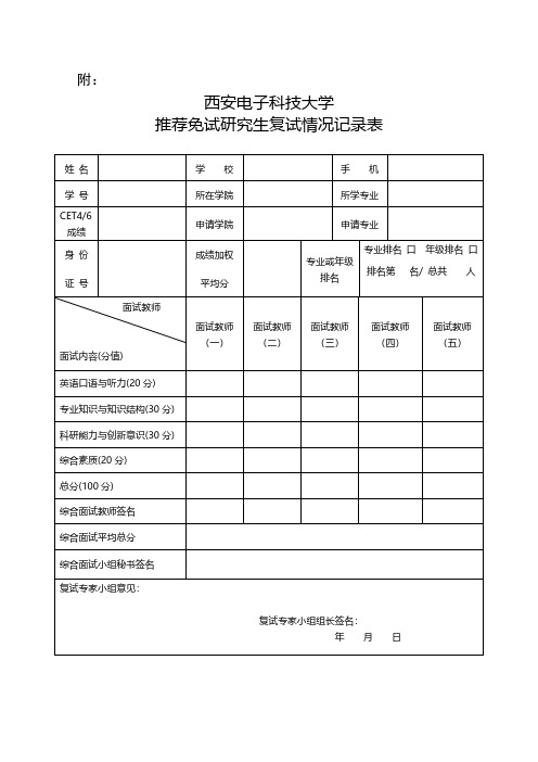 西安电子科技大学推荐免试研究生复试情况记录表