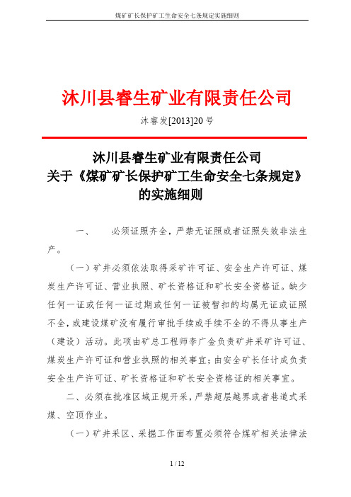 煤矿矿长保护矿工生命安全七条规定实施细则